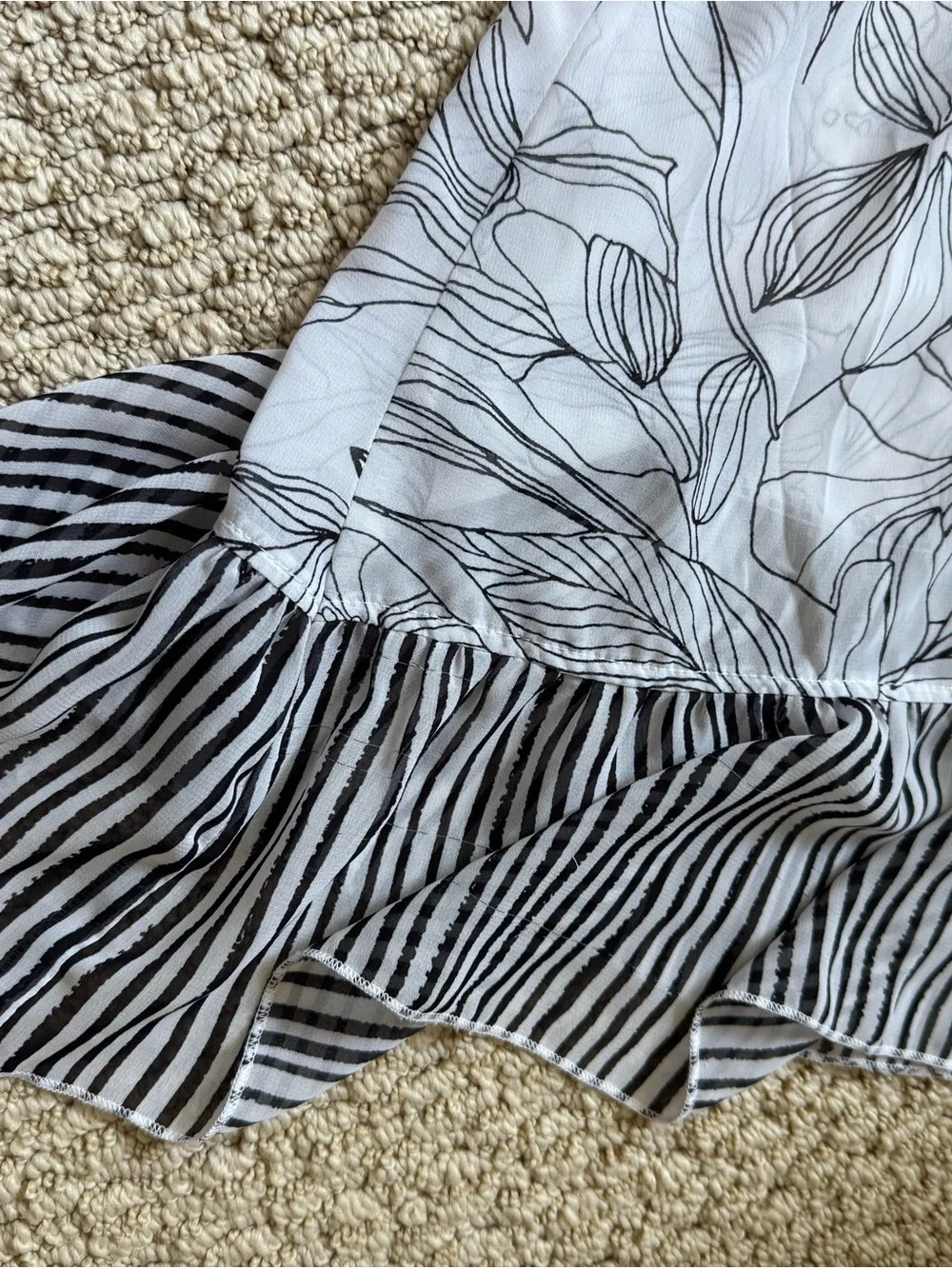 a new day White and Black Floral Sheer Open Wrap Kimono Ruffle Stripe Sleeves